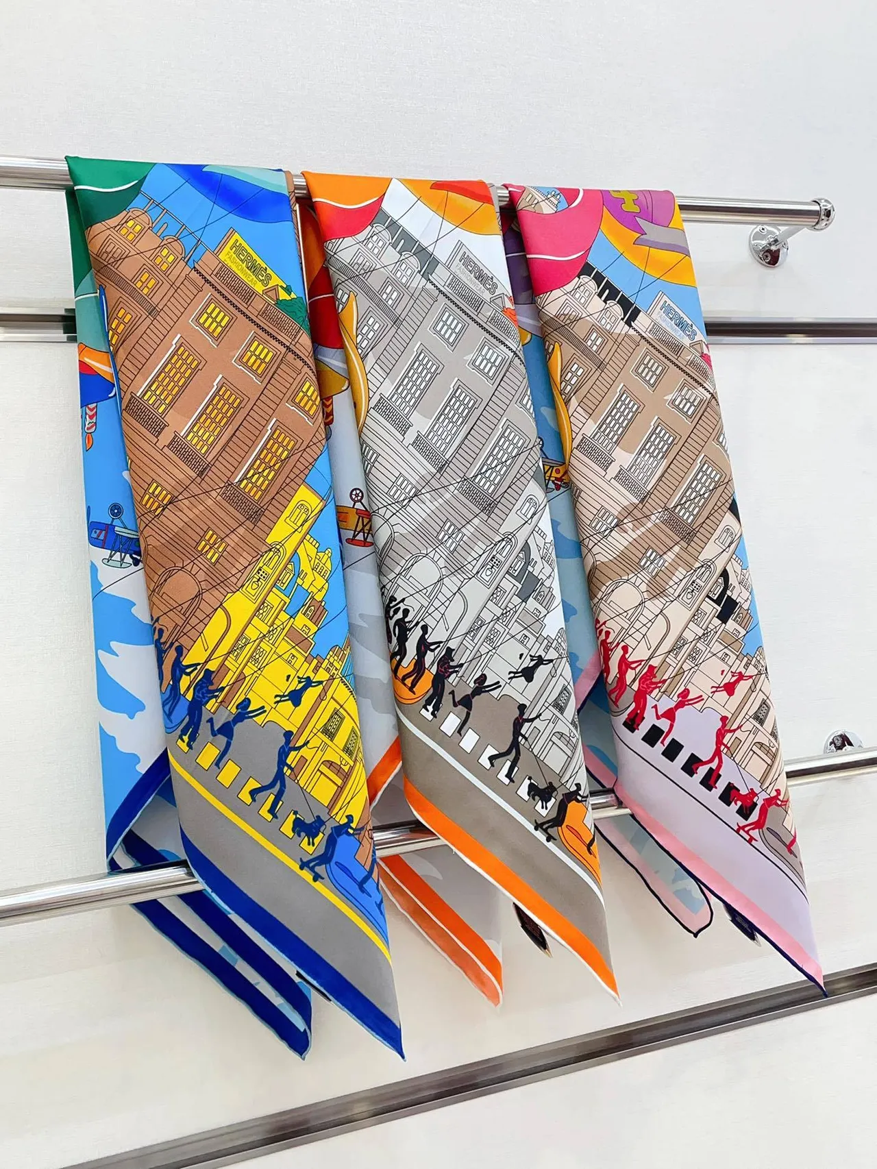 Hermès Illustrated Cityscape Blue Silk Scarf 4