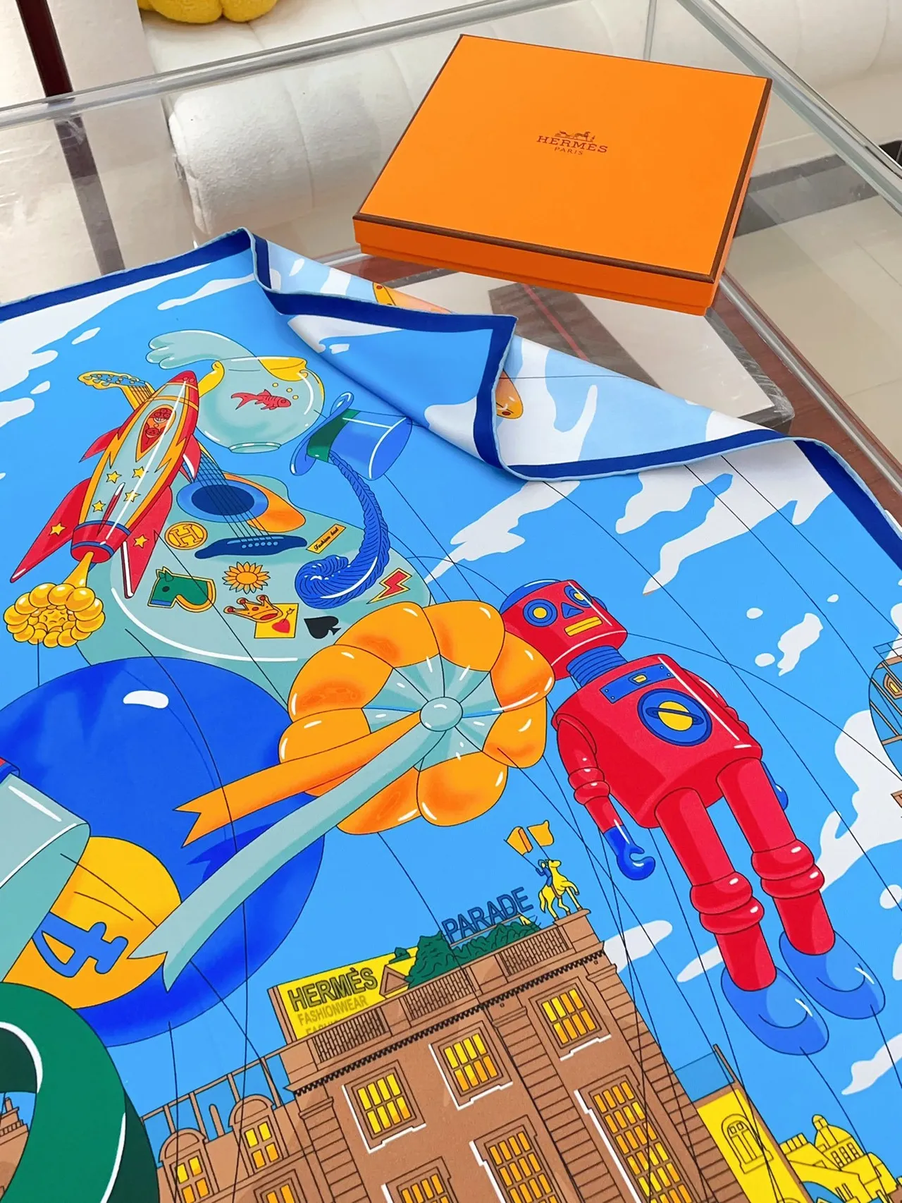 Hermès Illustrated Cityscape Blue Silk Scarf 6