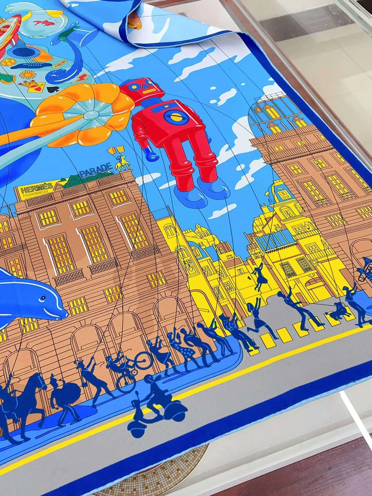 Hermès Illustrated Cityscape Blue Silk Scarf 7