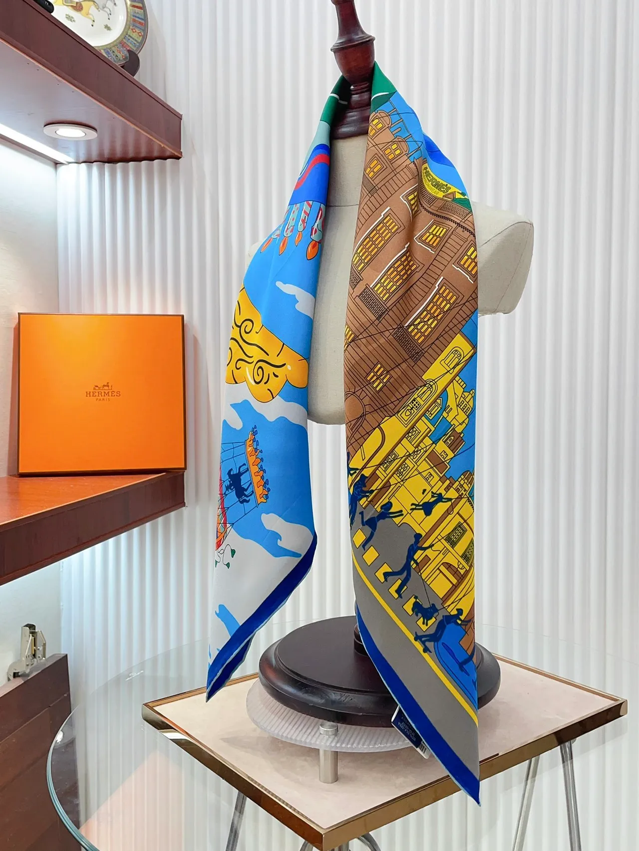 Hermès Illustrated Cityscape Blue Silk Scarf 8