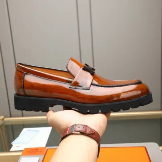 Hermès Loafer Brown Black Polished Patent-Like Leather H-Buckle Strap Loafer