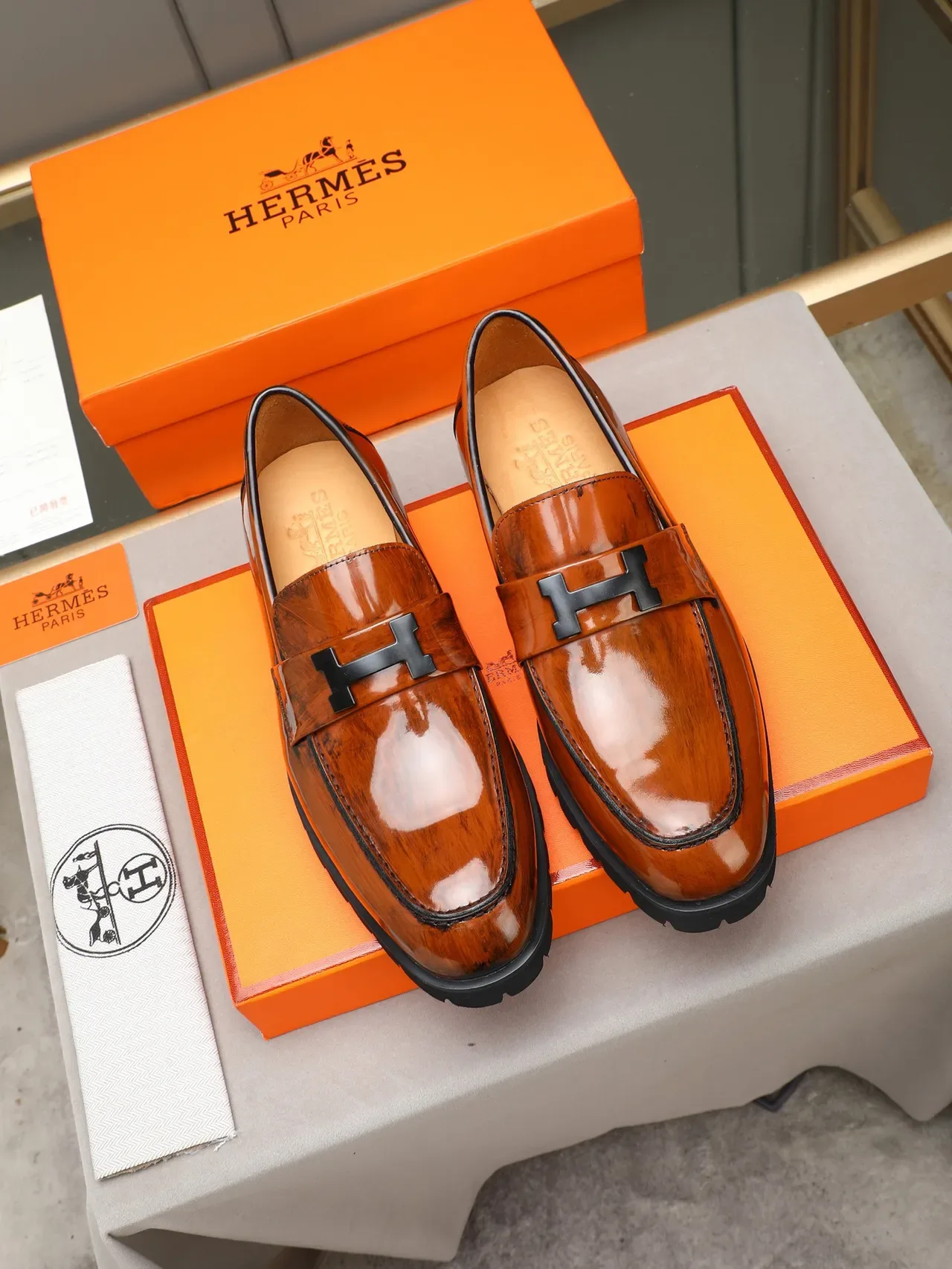 Hermès Loafer Brown Black Polished Patent-Like Leather H-Buckle Strap Loafer 2