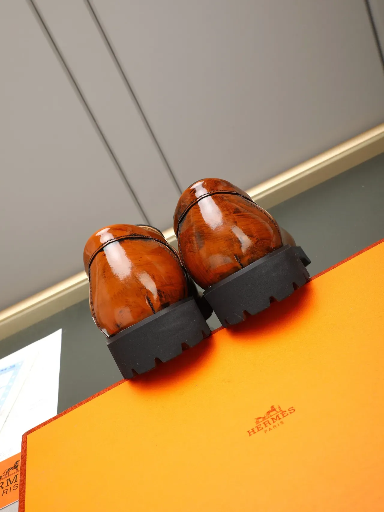 Hermès Loafer Brown Black Polished Patent-Like Leather H-Buckle Strap Loafer 3