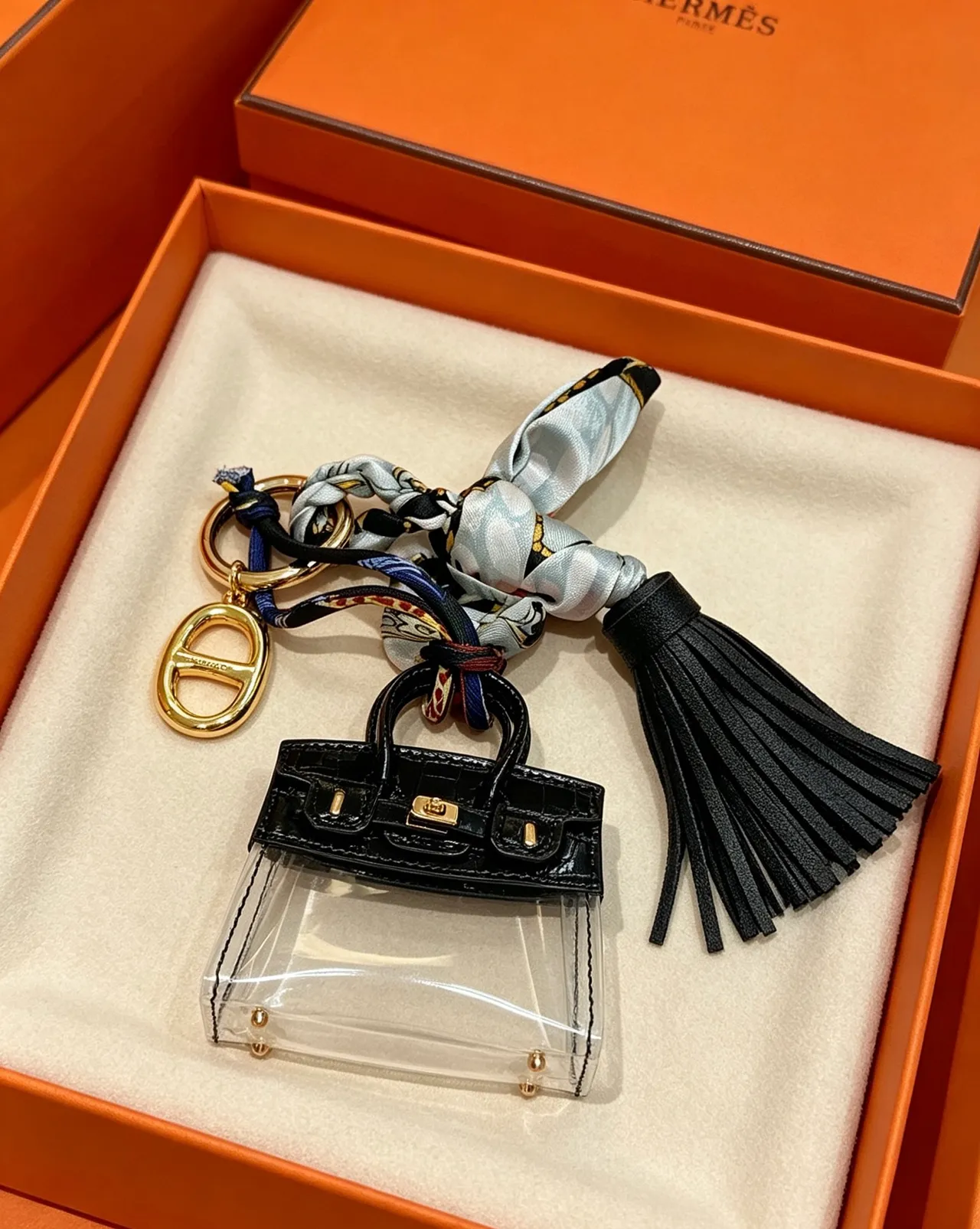 Hermès Mini Birkin Sac Tote en PVC Noir Croc-Embossé et Transparente 8