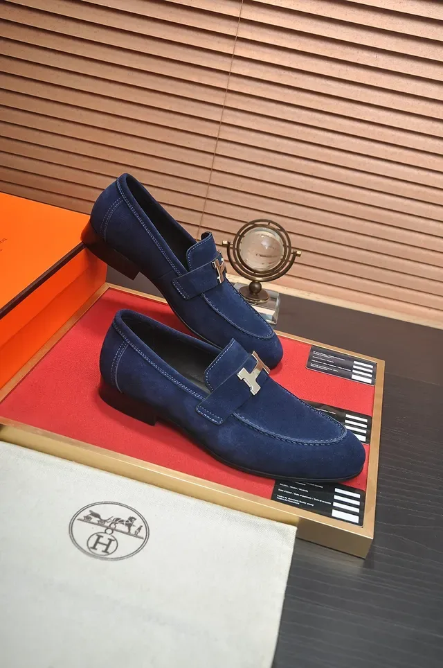 Hermès Navy Black Suede Upper H-Buckle Strap Loafer 4
