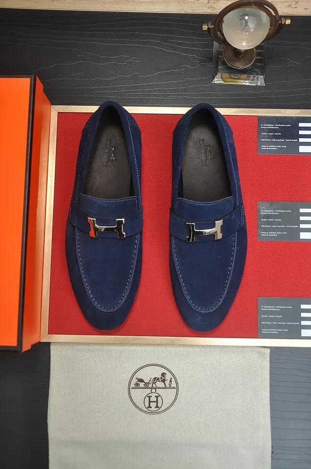Hermès Navy Black Suede Upper H-Buckle Strap Loafer 5