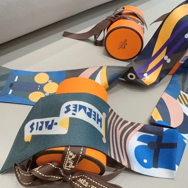 Hermès Navy Multicolor Printed Narrow Twilly-Style Silk Scarf 8