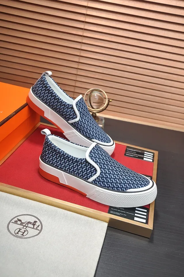 Hermès Navy White Slip-On Patterned Knit Upper Sneakers 5