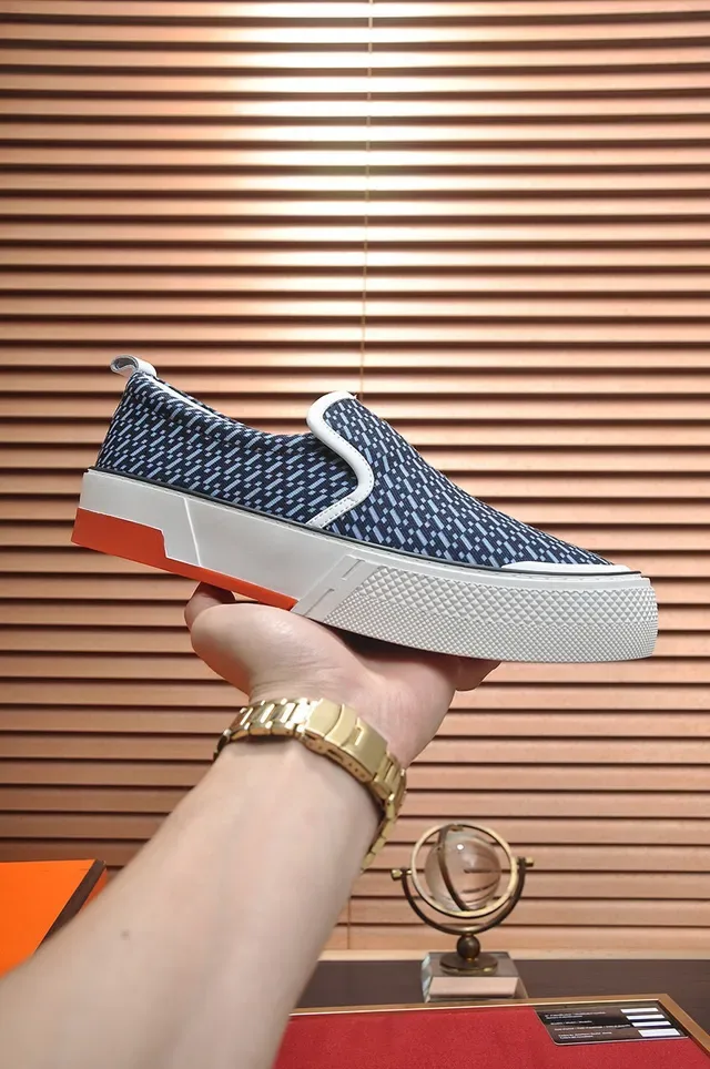 Hermès Navy White Slip-On Patterned Knit Upper Sneakers 7