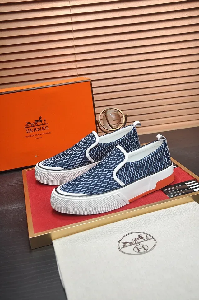 Hermès Navy White Slip-On Patterned Knit Upper Sneakers 8