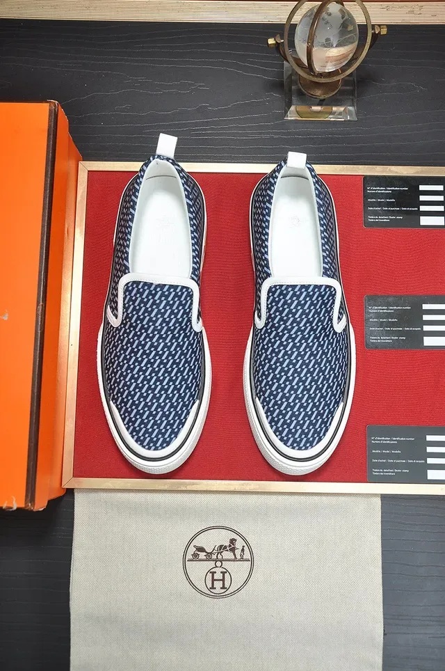Hermès Navy White Slip-On Patterned Knit Upper Sneakers 9