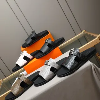 Hermès Oran Preto Prata Sandália Dupla Tira Fivela H Hardware