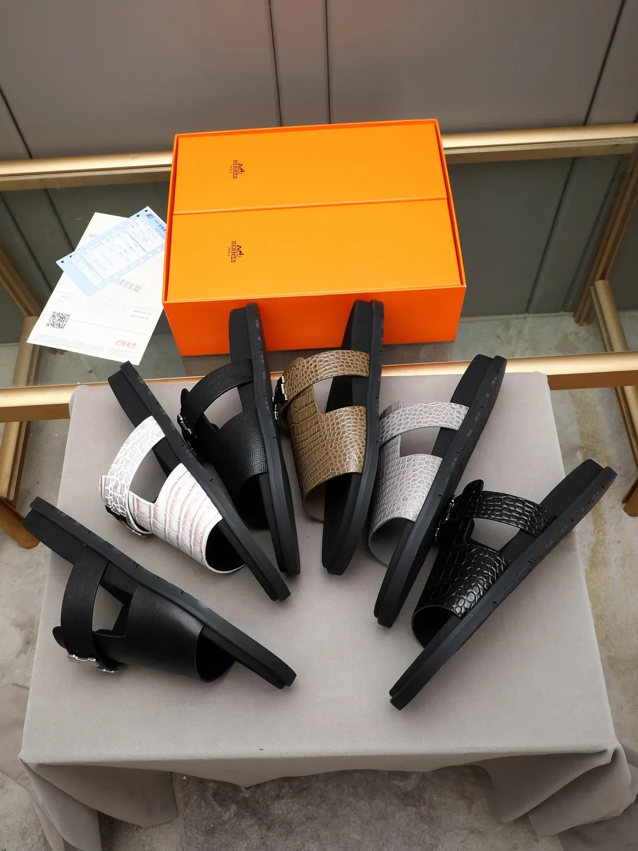 Hermès Oran Black Silver Double-Strap Slide H-Buckle Hardware Slippers 2