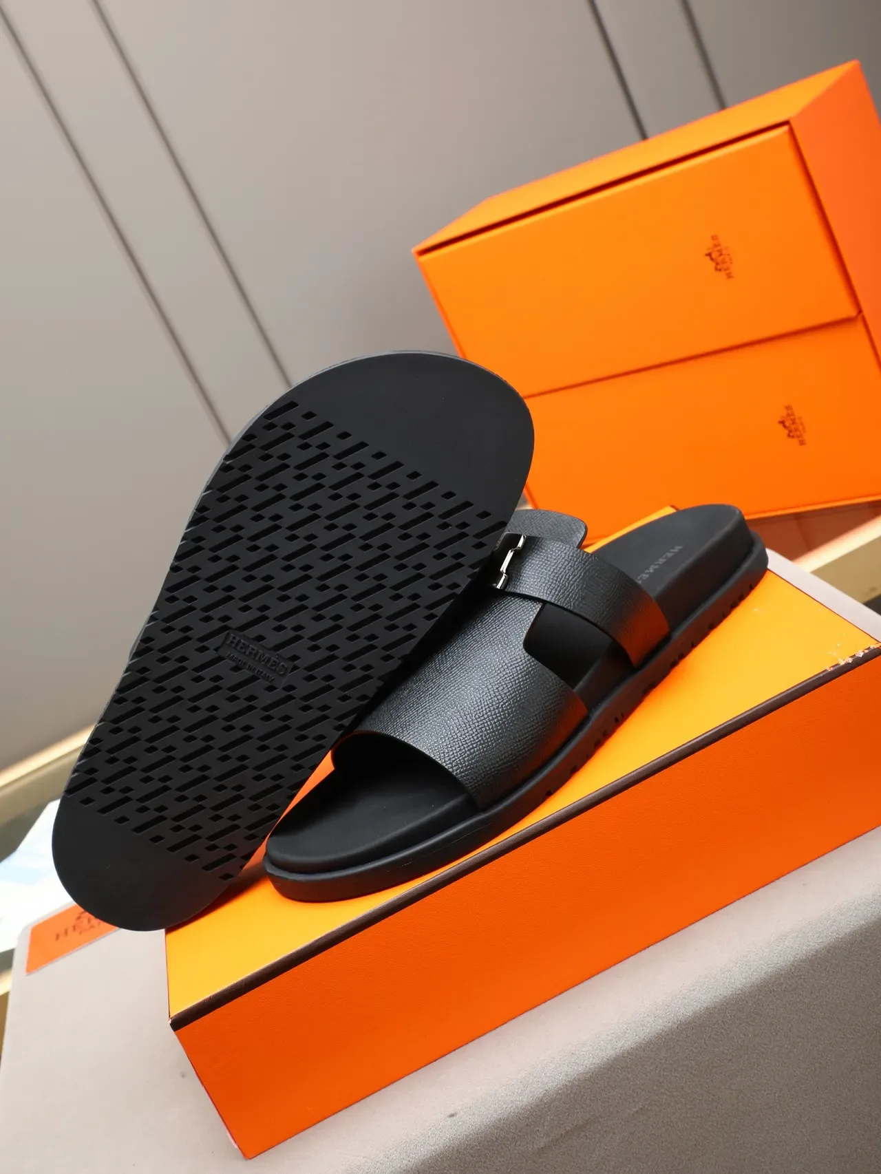 Hermès Oran Black Silver Double-Strap Slide H-Buckle Hardware Slippers 3
