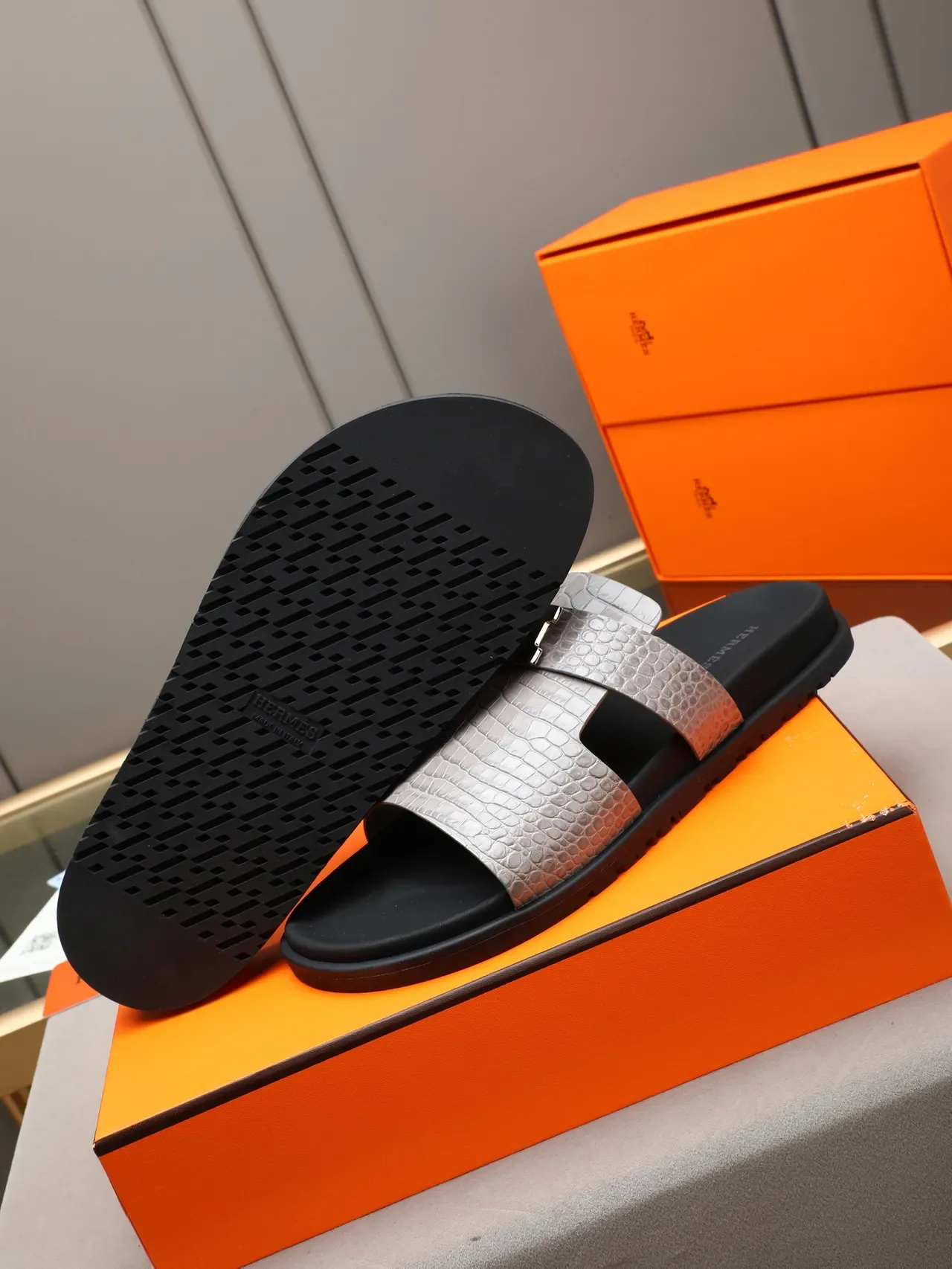 Hermès Oran Black Silver Double-Strap Slide H-Buckle Hardware Slippers 5