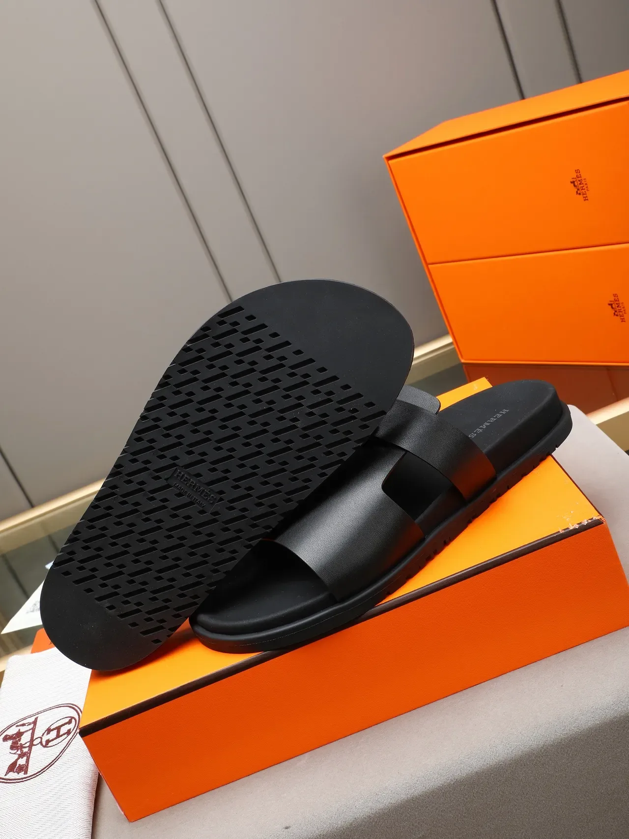 Hermès Oran Black Silver Double-Strap Slide H-Buckle Hardware Slippers 6