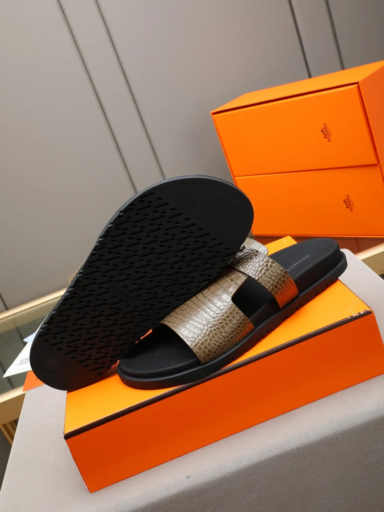 Hermès Oran Black Silver Double-Strap Slide H-Buckle Hardware Slippers 7