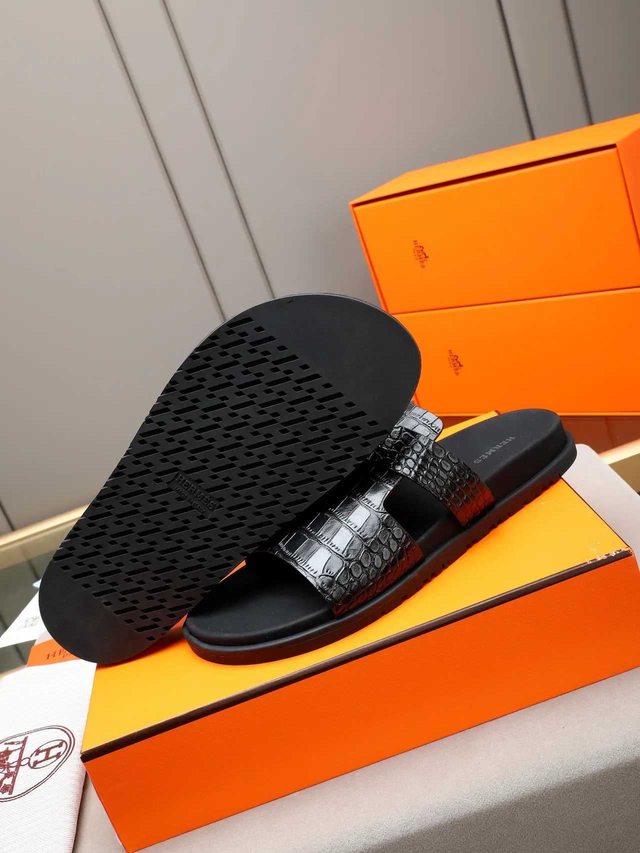 Hermès Oran Black Silver Double-Strap Slide H-Buckle Hardware Slippers 8