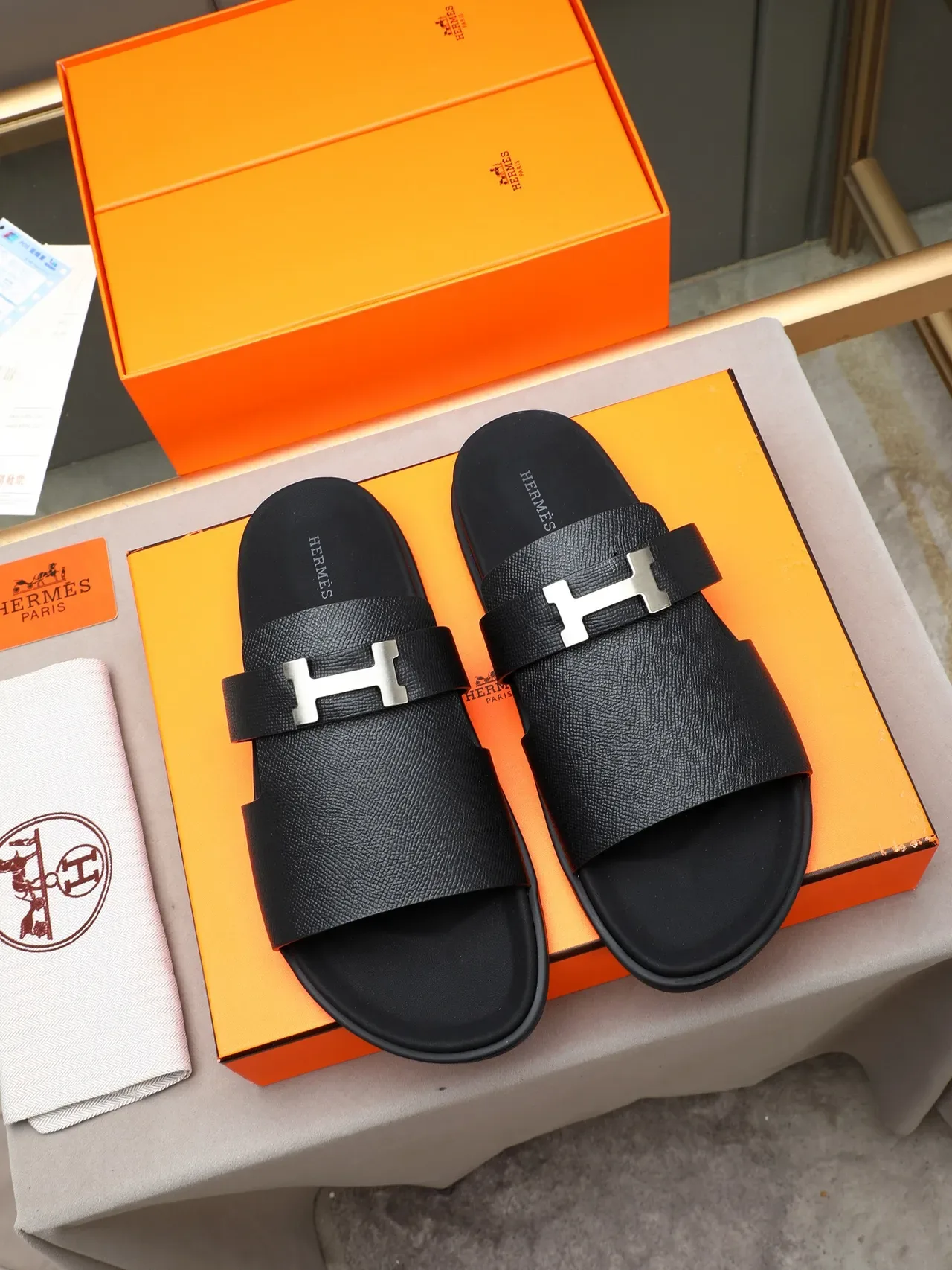 Hermès Oran Black Silver Double-Strap Slide H-Buckle Hardware Slippers 9