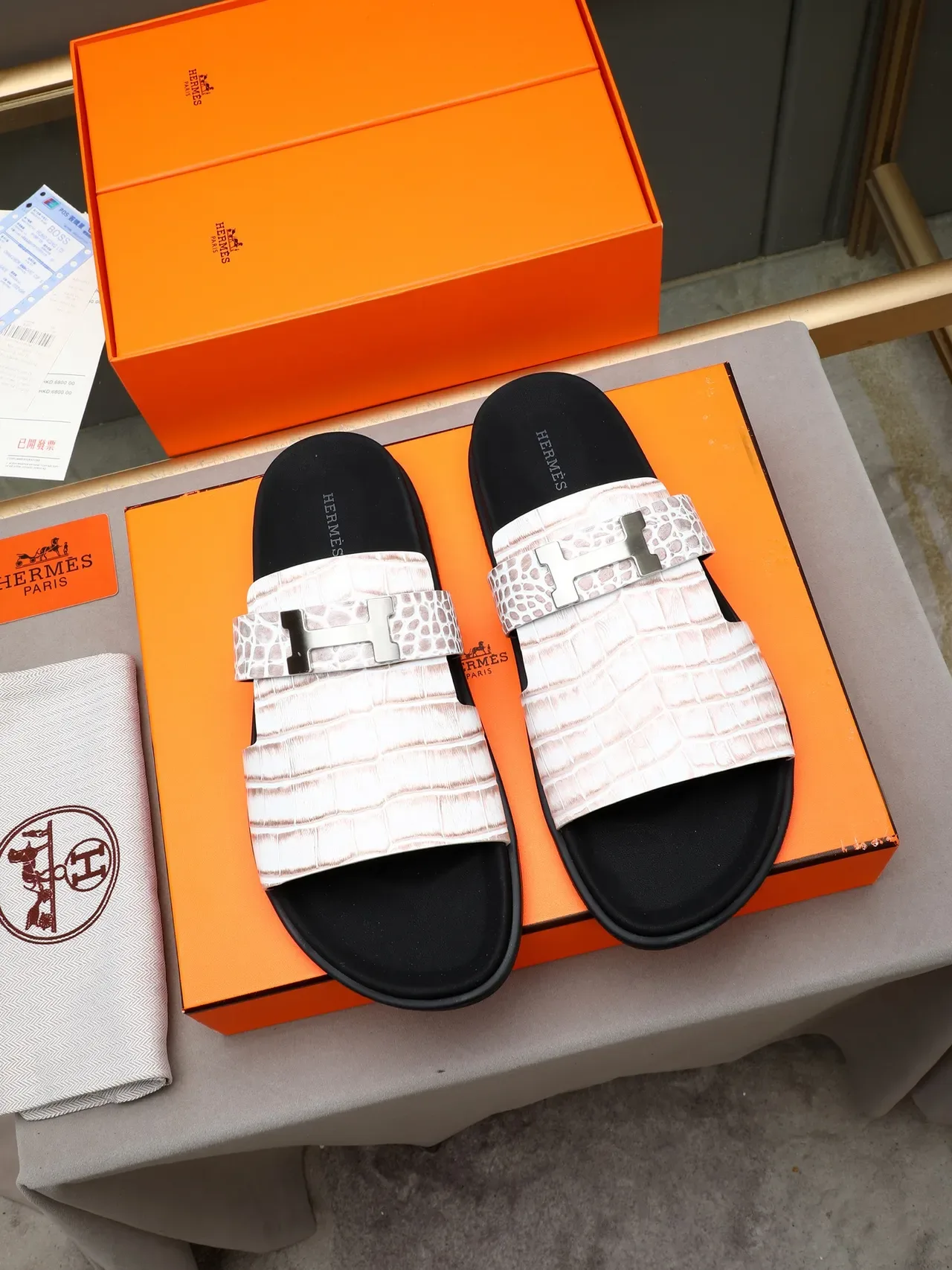 Hermès Oran Black Silver Double-Strap Slide H-Buckle Hardware Slippers 10