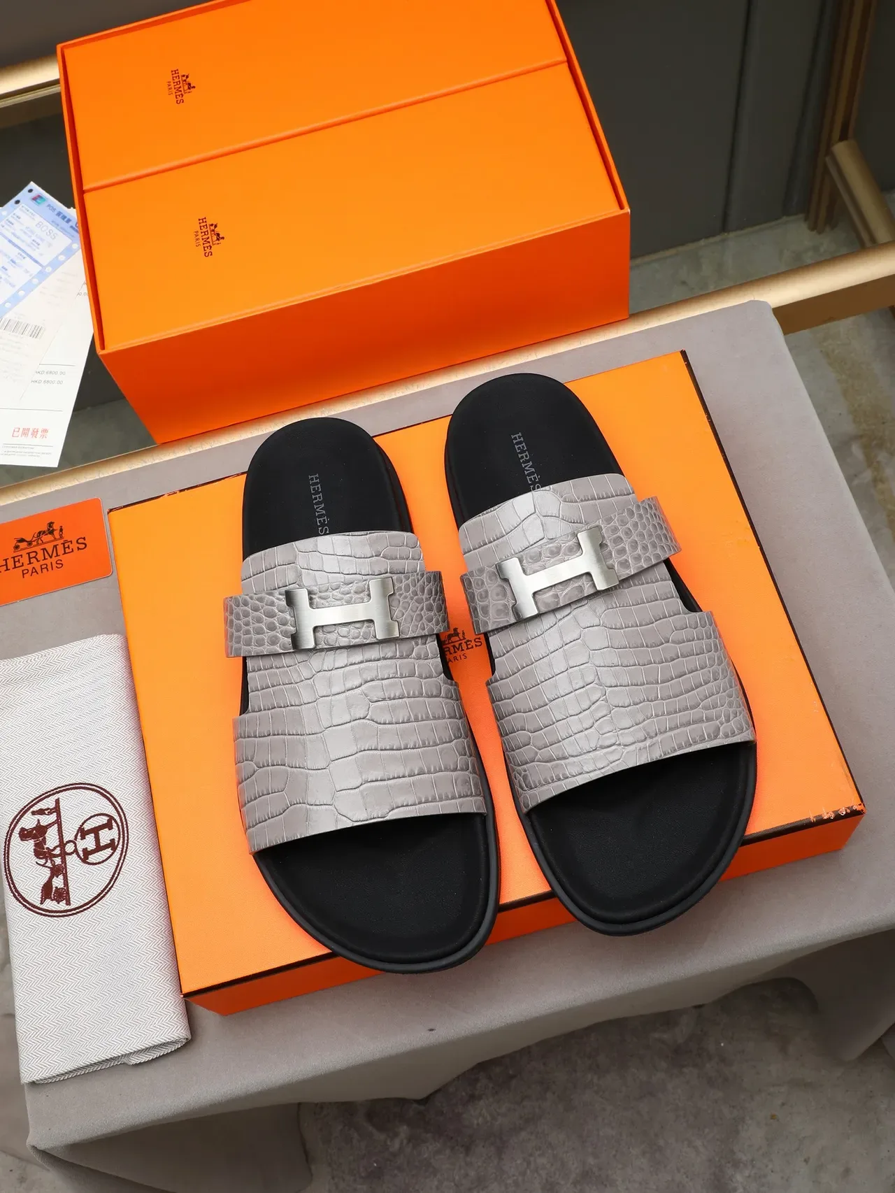 Hermès Oran Black Silver Double-Strap Slide H-Buckle Hardware Slippers 11