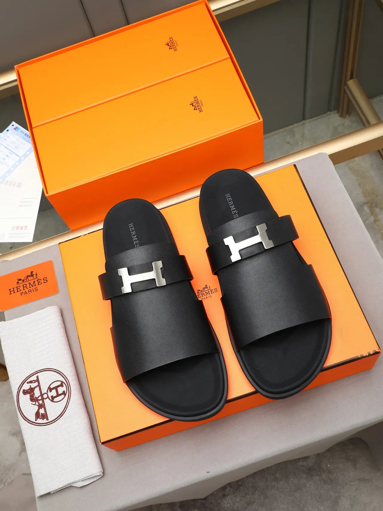 Hermès Oran Black Silver Double-Strap Slide H-Buckle Hardware Slippers 12