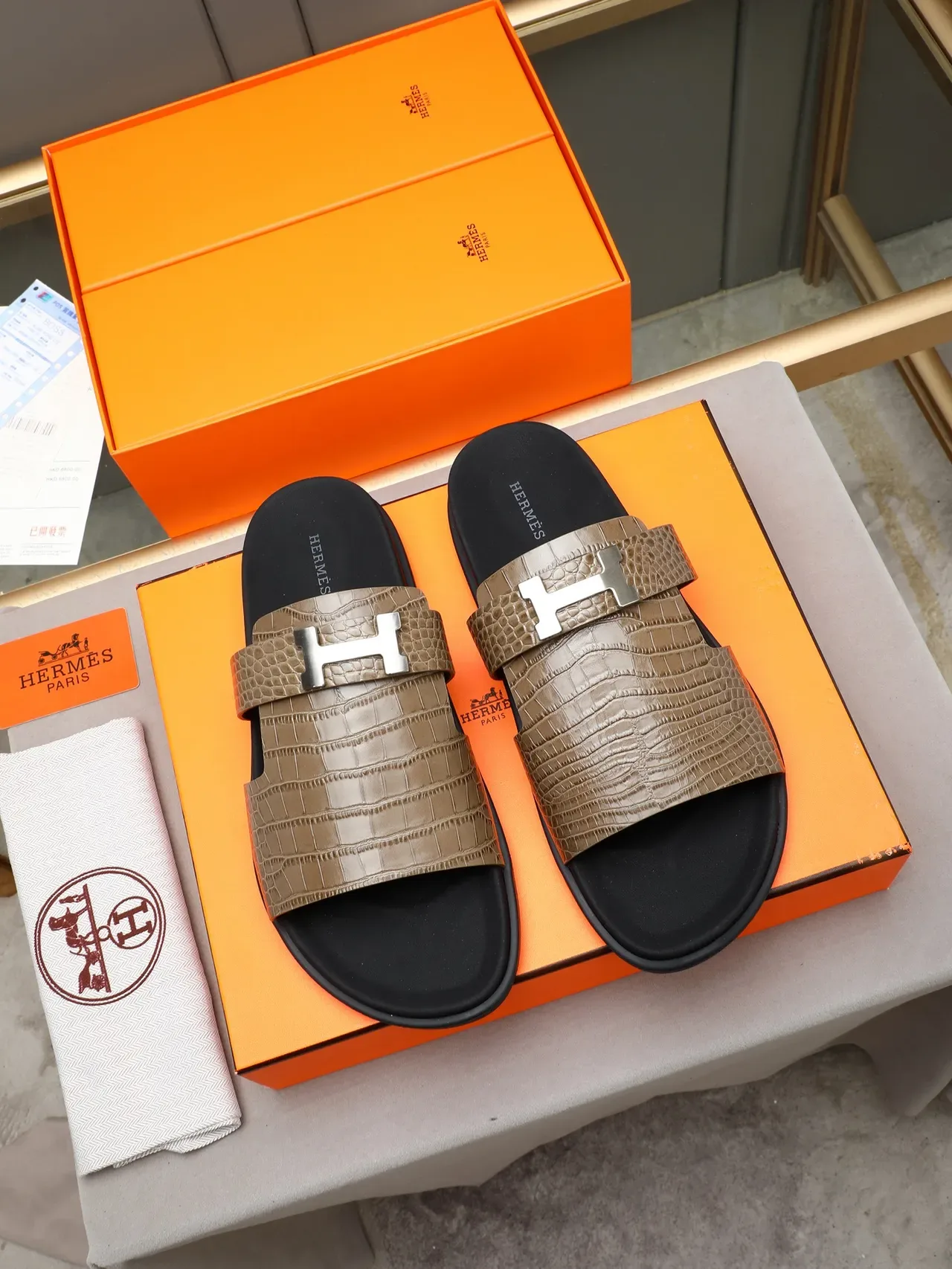 Hermès Oran Black Silver Double-Strap Slide H-Buckle Hardware Slippers 13