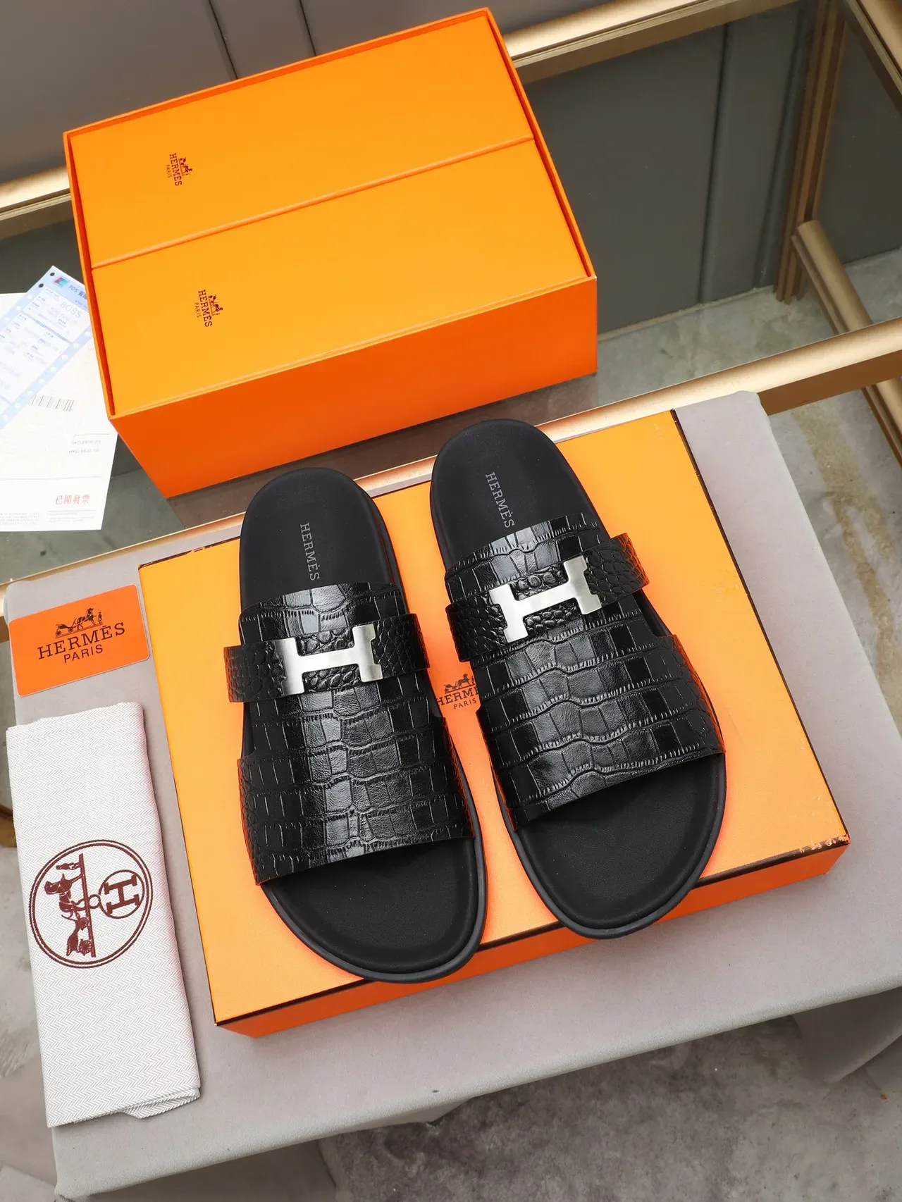 Hermès Oran Black Silver Double-Strap Slide H-Buckle Hardware Slippers 14