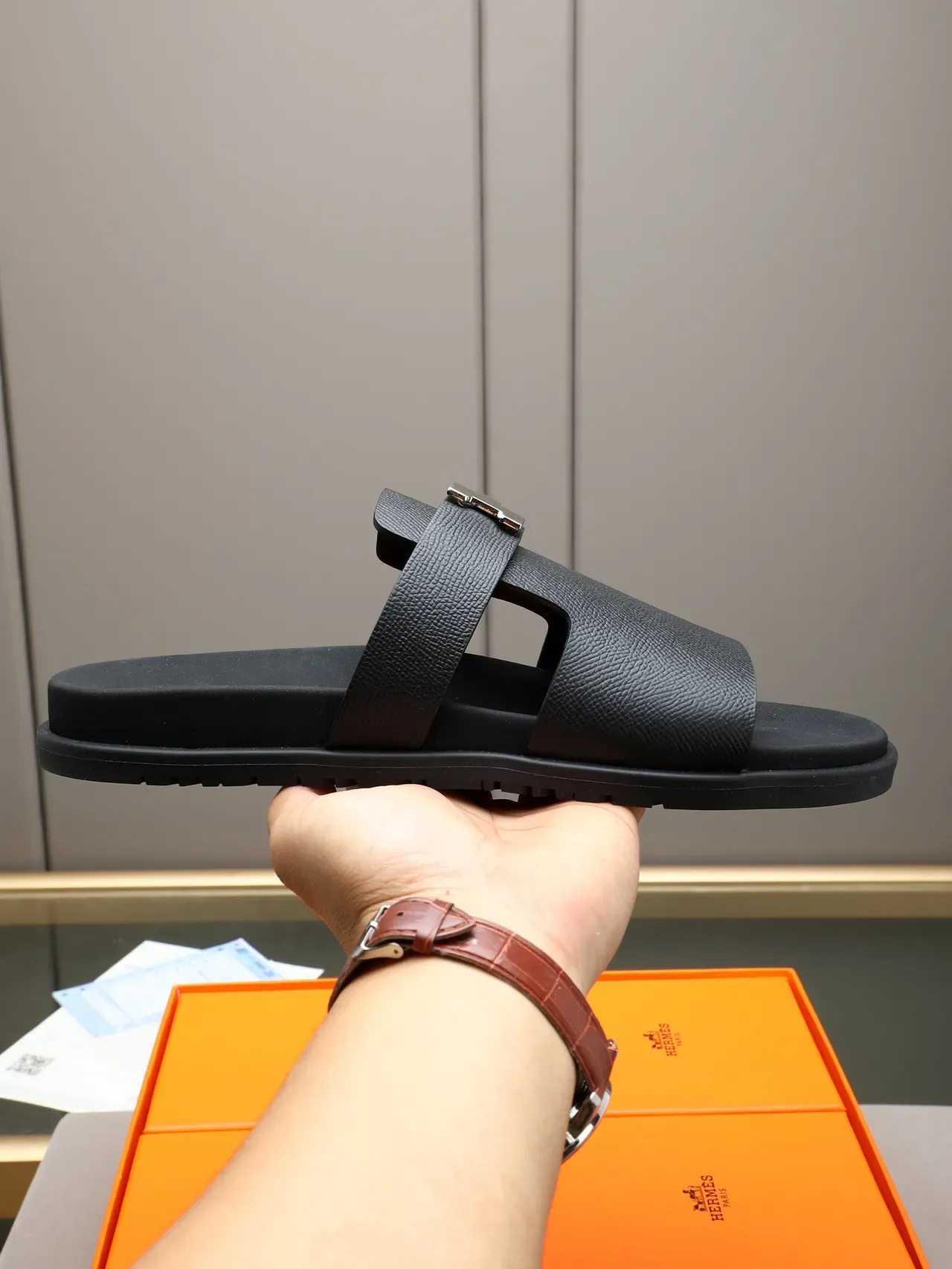 Hermès Oran Black Silver Double-Strap Slide H-Buckle Hardware Slippers 15