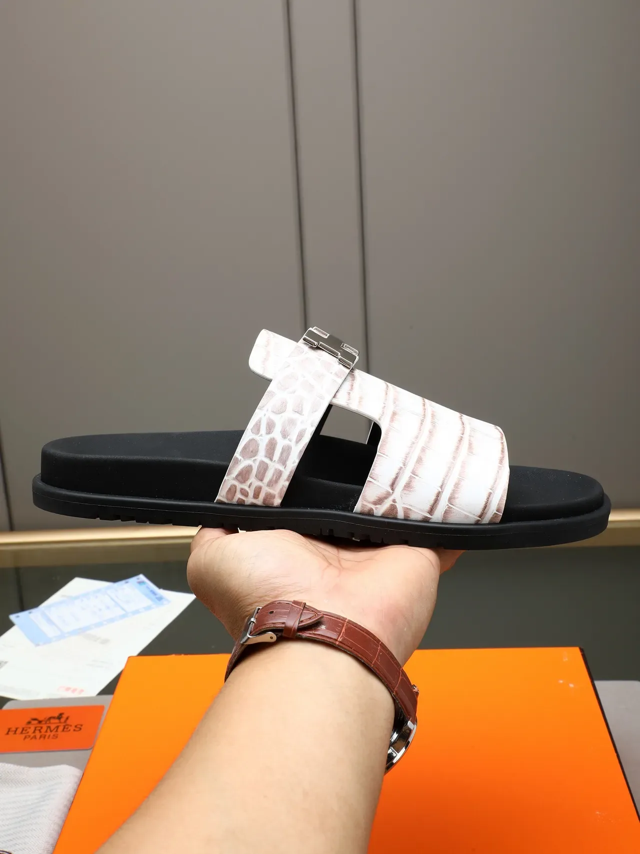 Hermès Oran Black Silver Double-Strap Slide H-Buckle Hardware Slippers 16