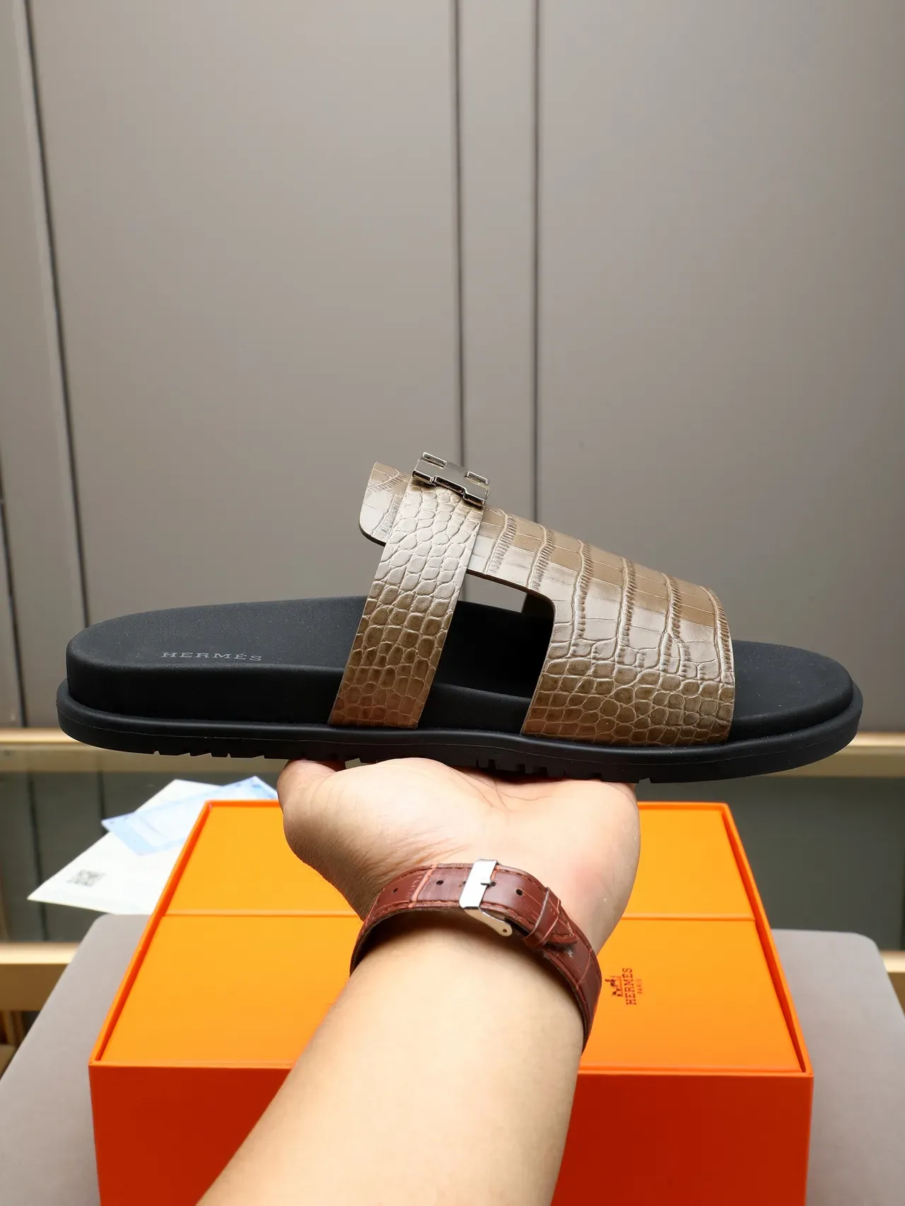 Hermès Oran Black Silver Double-Strap Slide H-Buckle Hardware Slippers 19