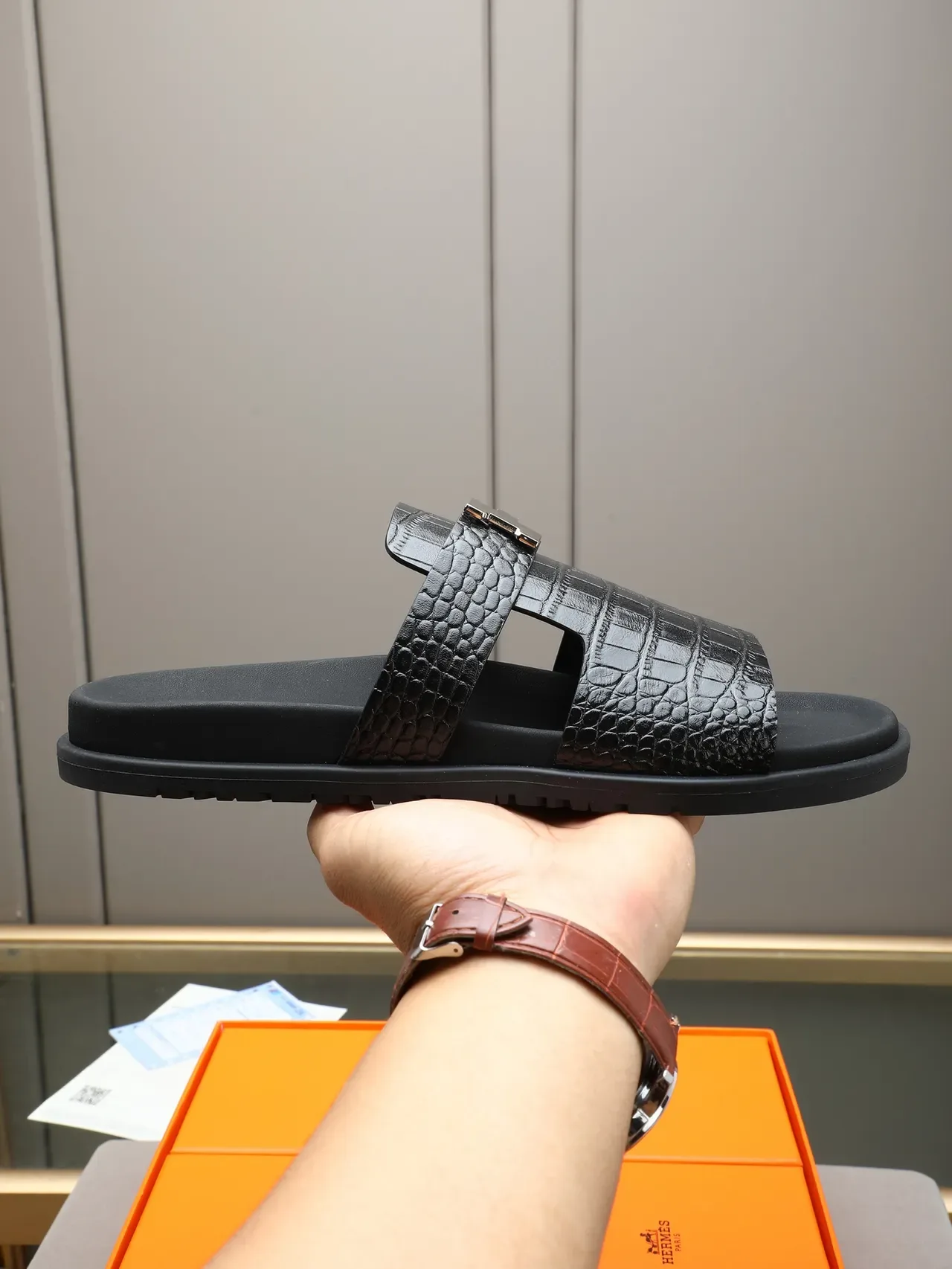 Hermès Oran Black Silver Double-Strap Slide H-Buckle Hardware Slippers 20