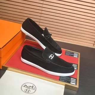 Hermès Oran Mocasines Negros y Blancos de Ante con Suela de Goma