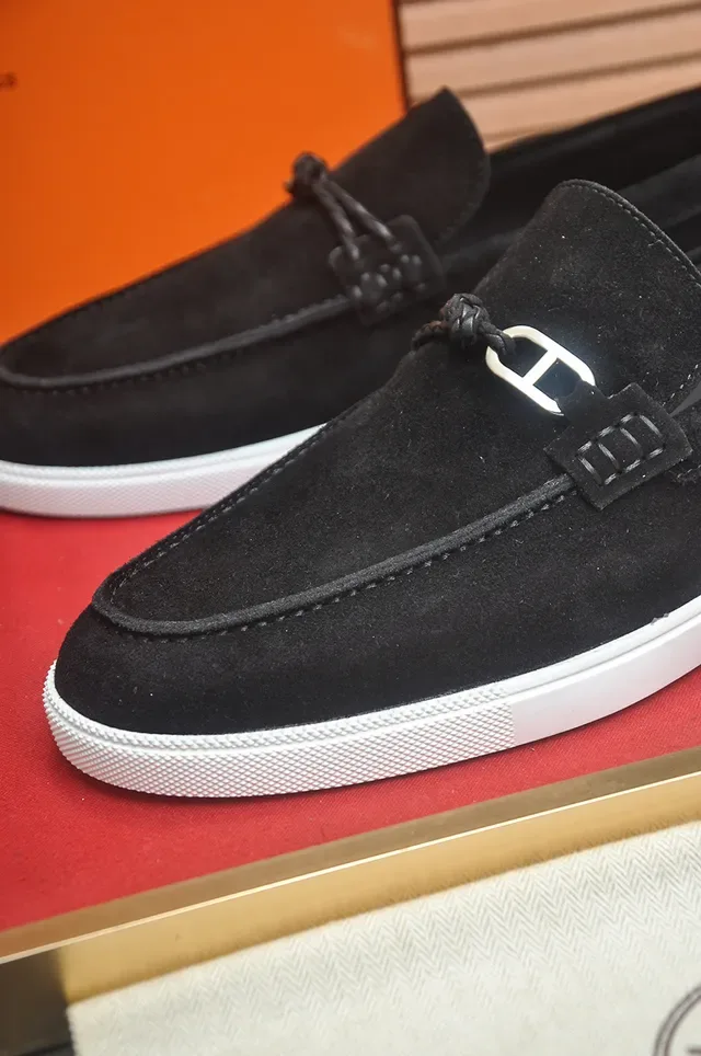 Hermès Oran Black White Suede Upper Rubber Sole Loafer 2