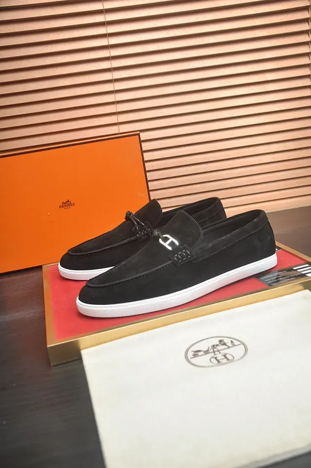 Hermès Oran Black White Suede Upper Rubber Sole Loafer 4