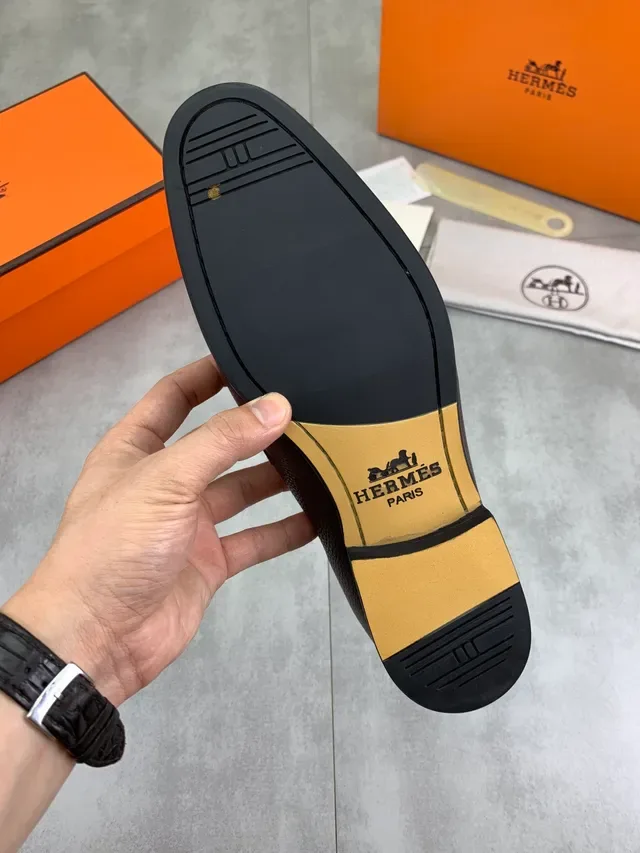 Hermès Oran 棕色 金色 粒面皮革 H扣 硬件 乐福鞋 2