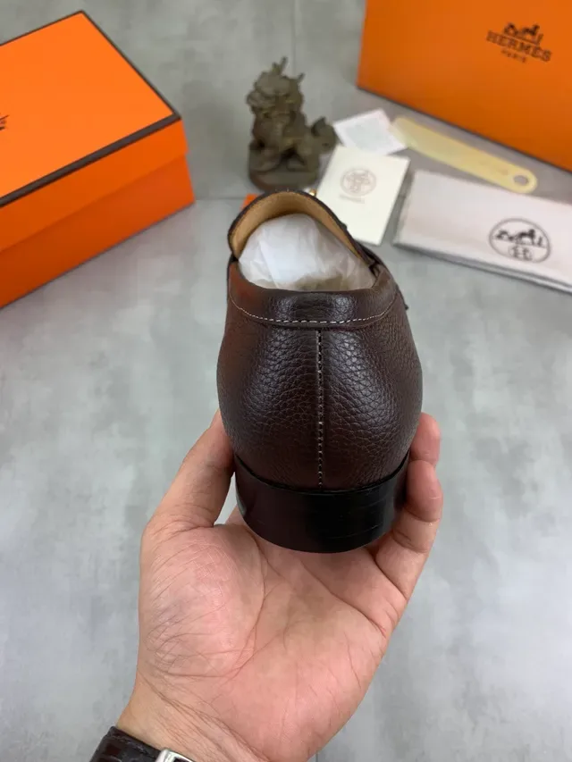Hermès Oran 棕色 金色 粒面皮革 H扣 硬件 乐福鞋 3