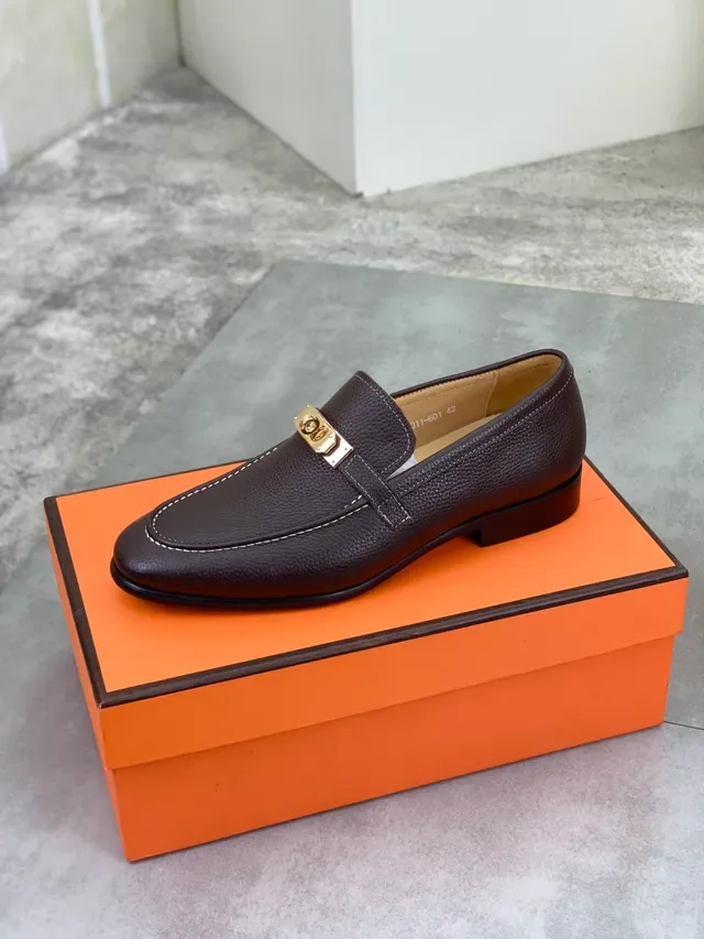 Hermès Oran 棕色 金色 粒面皮革 H扣 硬件 乐福鞋 4