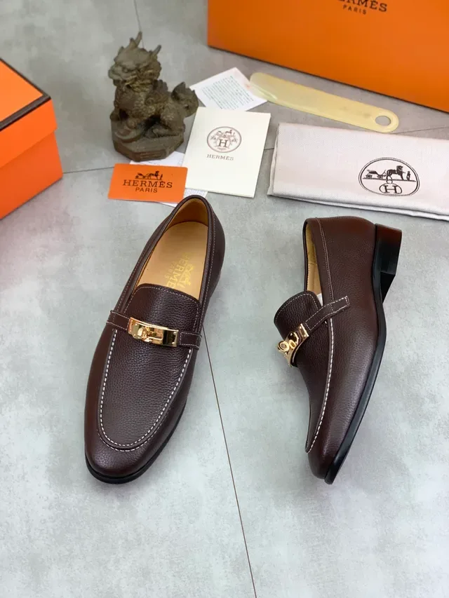 Hermès Oran 棕色 金色 粒面皮革 H扣 硬件 乐福鞋 5
