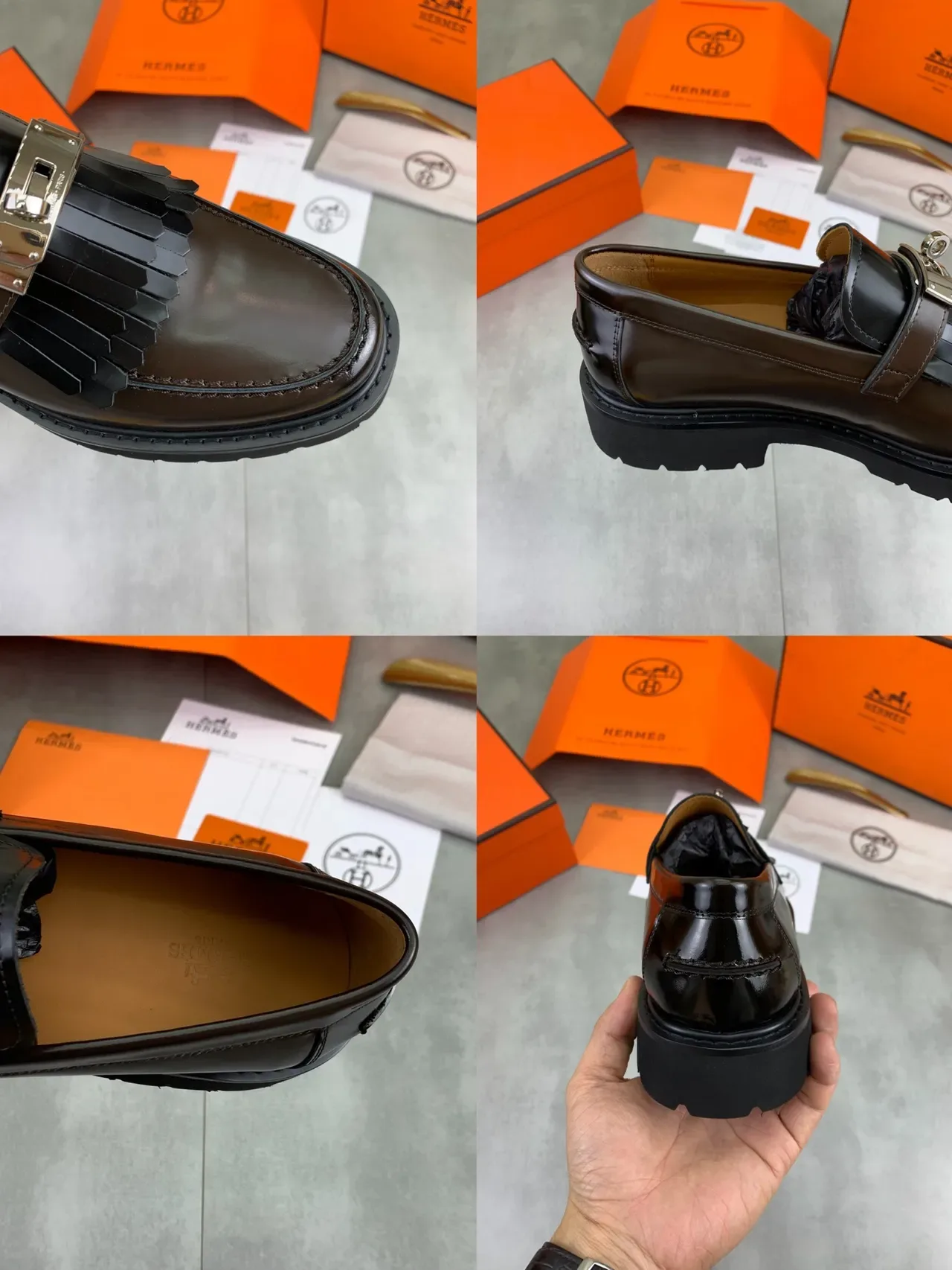Hermès Oran Mocassins à Franges Marron Cuir Poli 2
