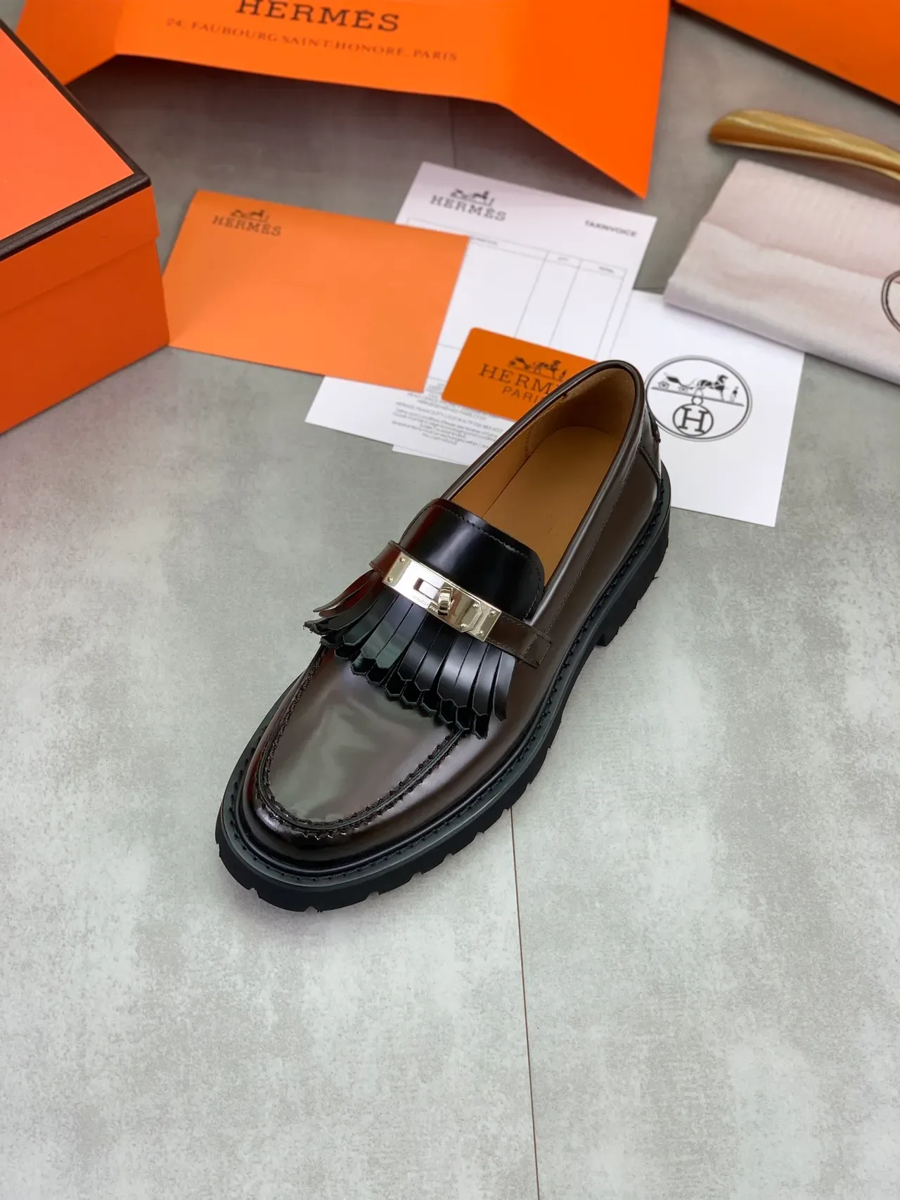 Hermès Oran Mocassins à Franges Marron Cuir Poli 4