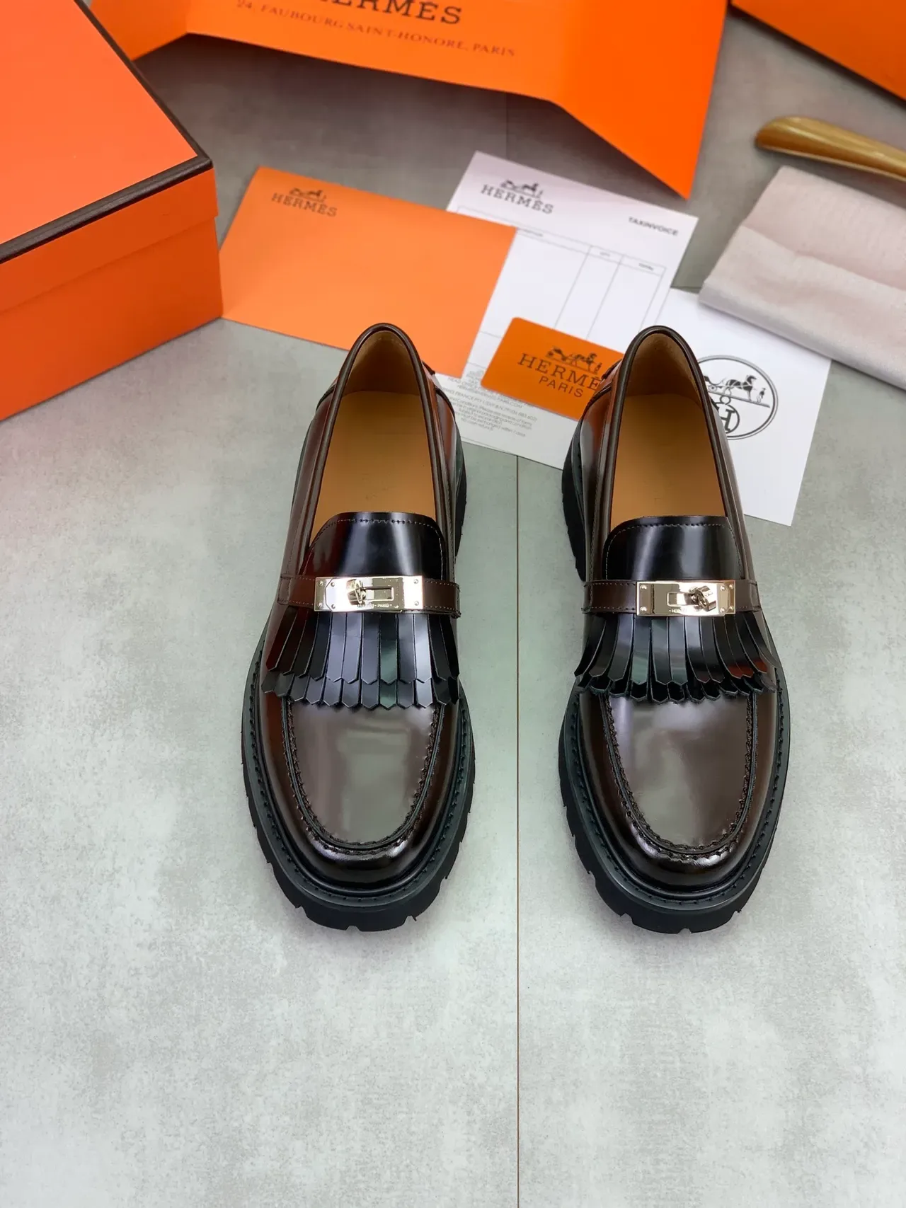 Hermès Oran Mocassins à Franges Marron Cuir Poli 5