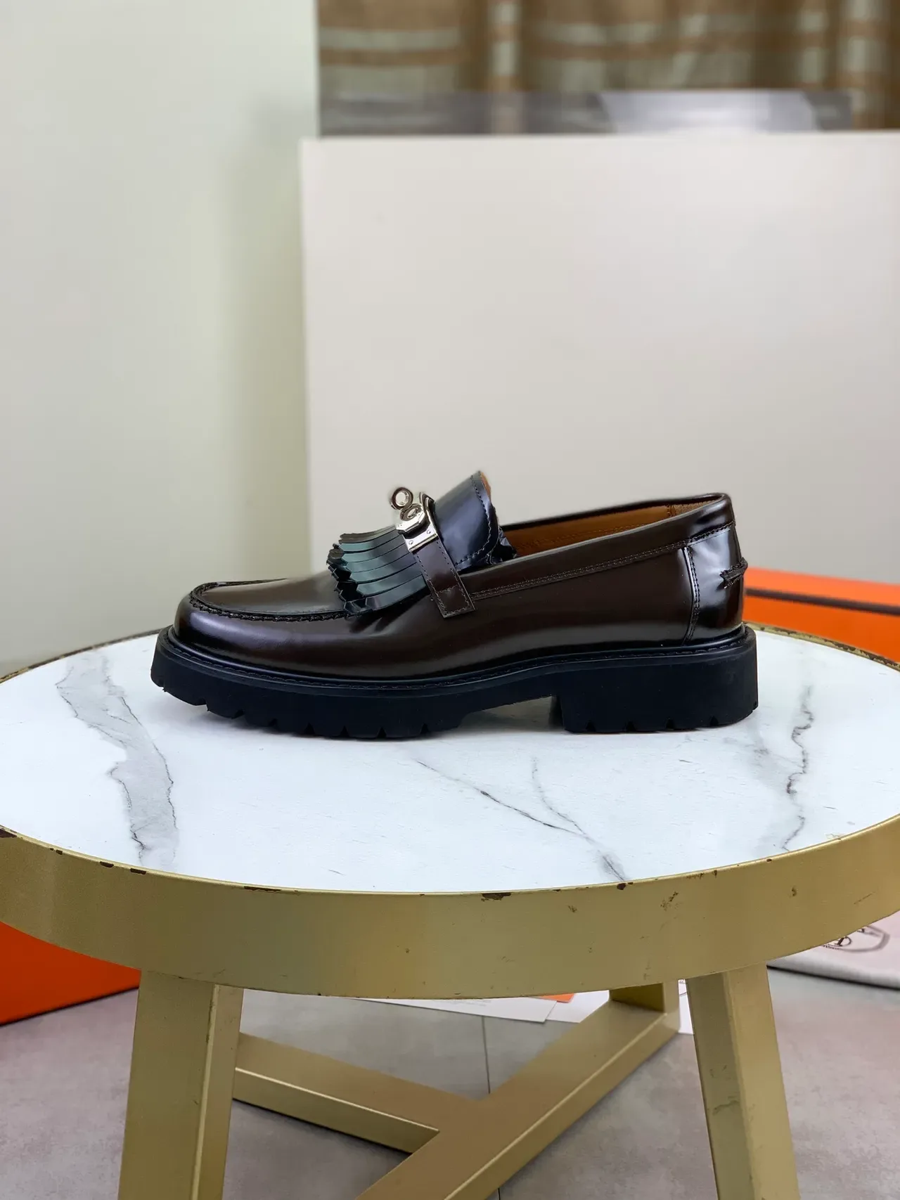 Hermès Oran Mocassins à Franges Marron Cuir Poli 6