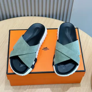 Hermès Oran Green Black Cross-Strap Suede Upper Slippers