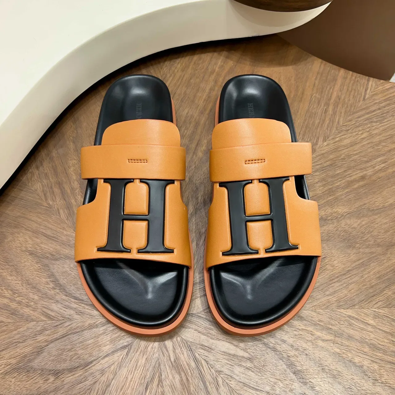 Hermès Oran Slide White and Black Slippers 5