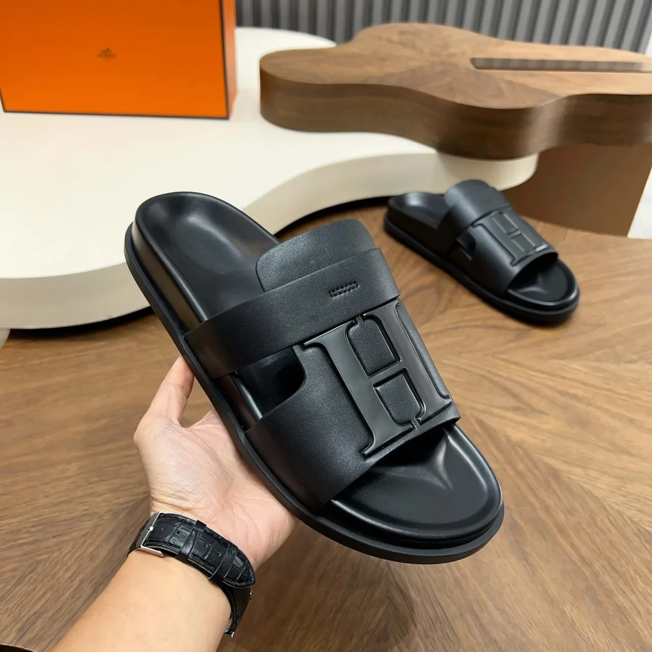 Hermès Oran Slide White and Black Slippers 6