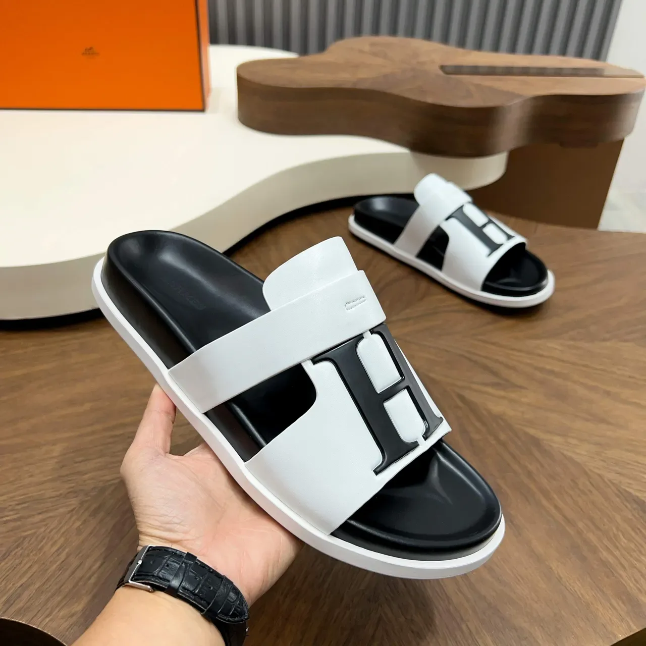 Hermès Oran Slide White and Black Slippers 8
