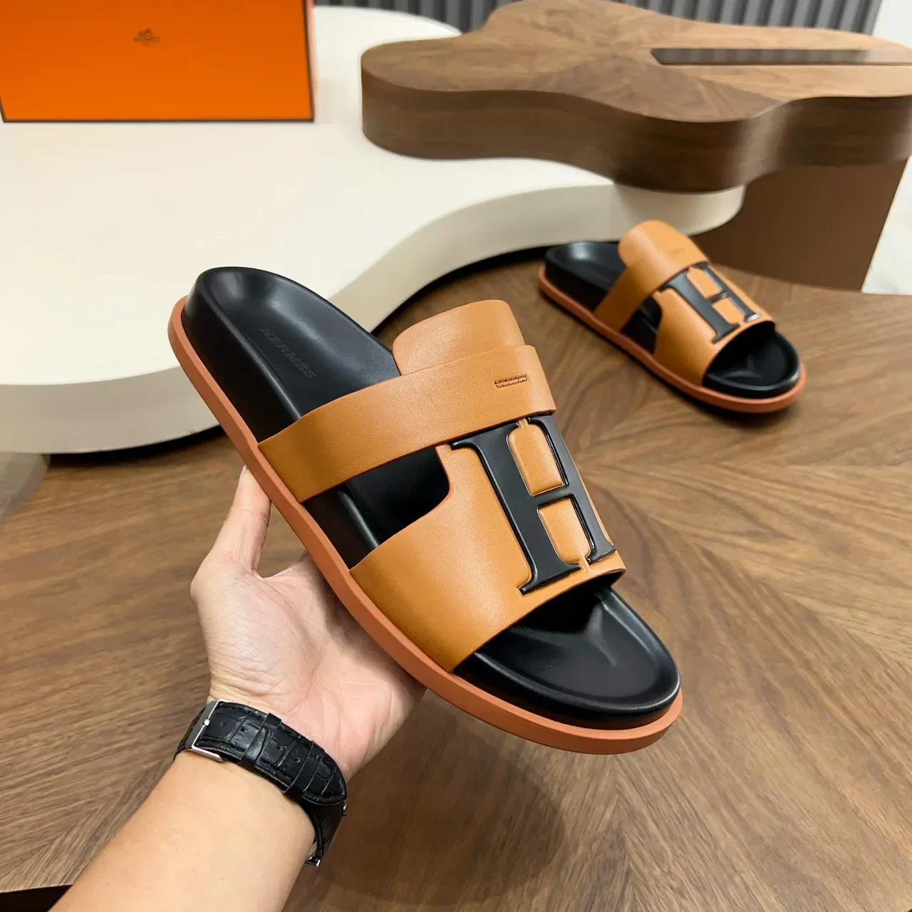 Hermès Oran Slide White and Black Slippers 9