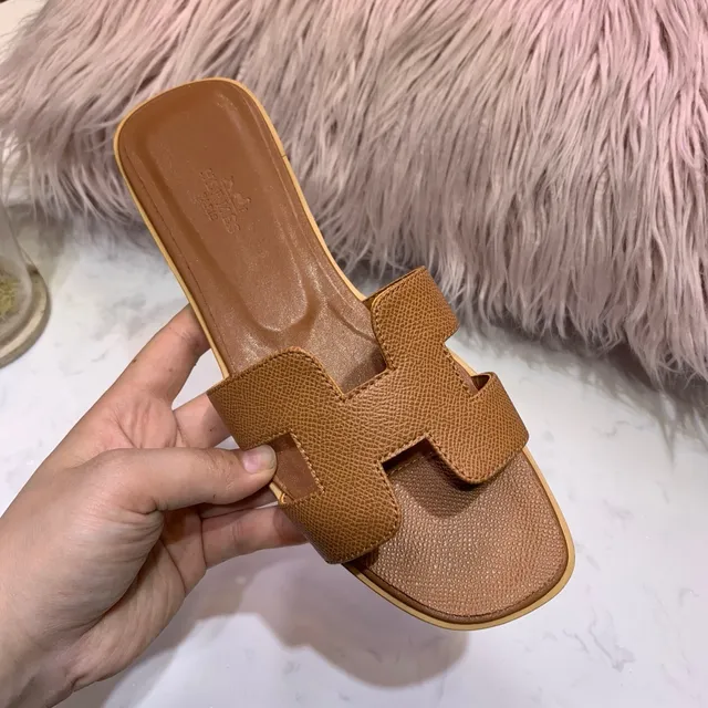 Hermès Oran Tan Textured Leather H-Strap Flat Slippers 4