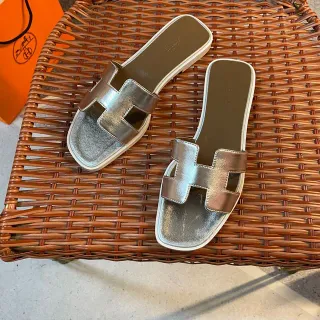 Hermès Silver Beige Metallic H-Strap Square Toe Slippers